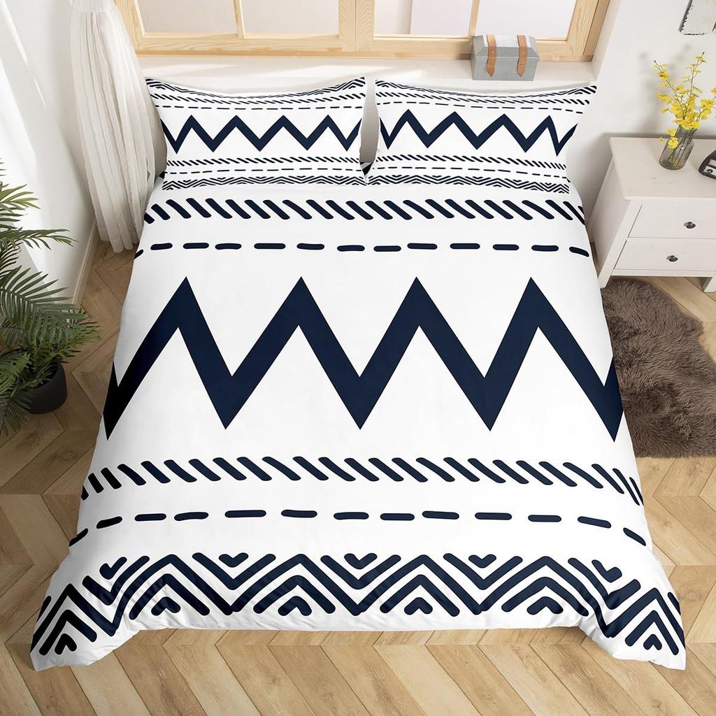 Geometric Modern Duvet Cover King Queen Black Gray Blue Comforter Cover with 2 Pillowcases Retro Stripes Geometry Bedding Set
