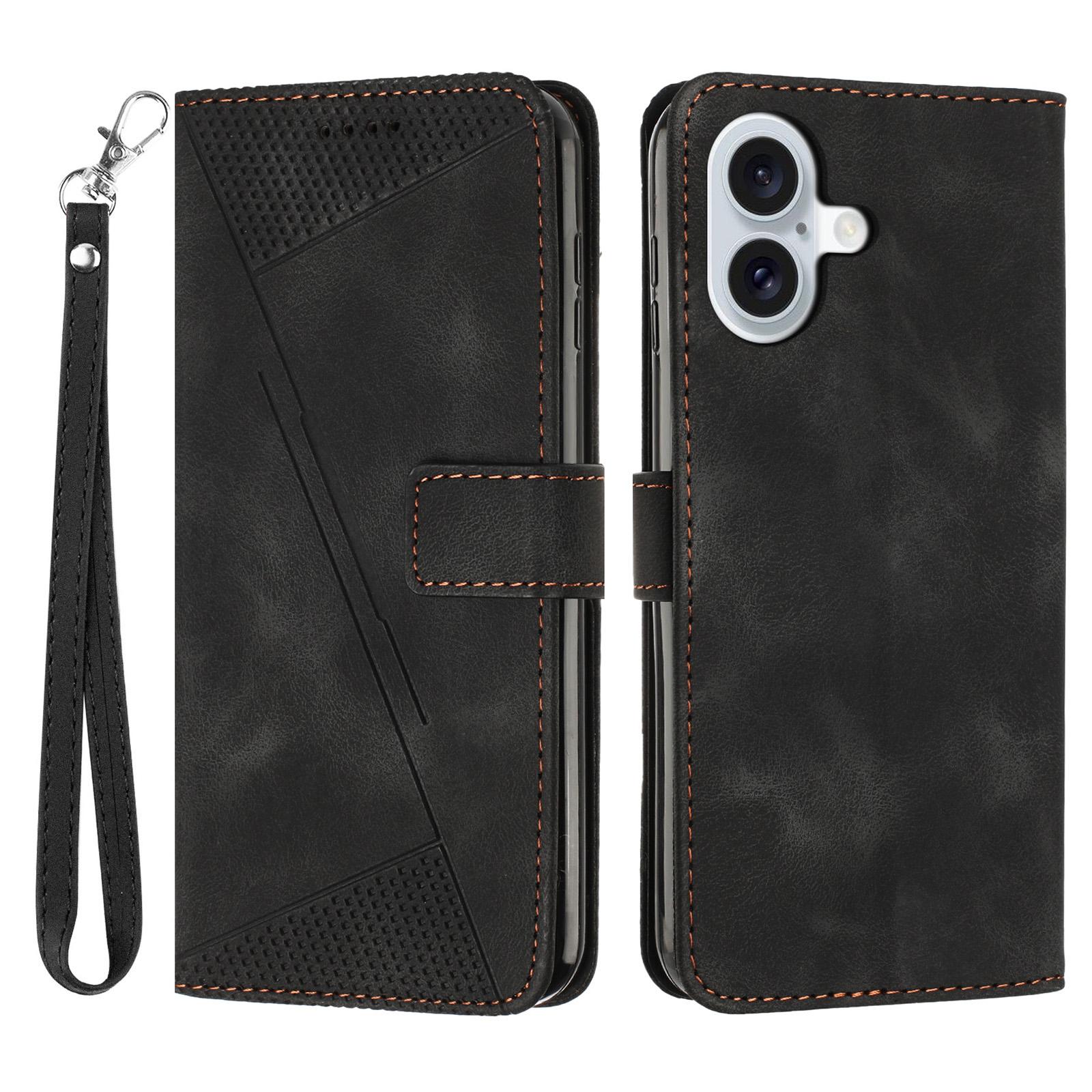 

For iPhone 17 Leather Case Imprinted Triangle Phone Cover with Hand Strap Black