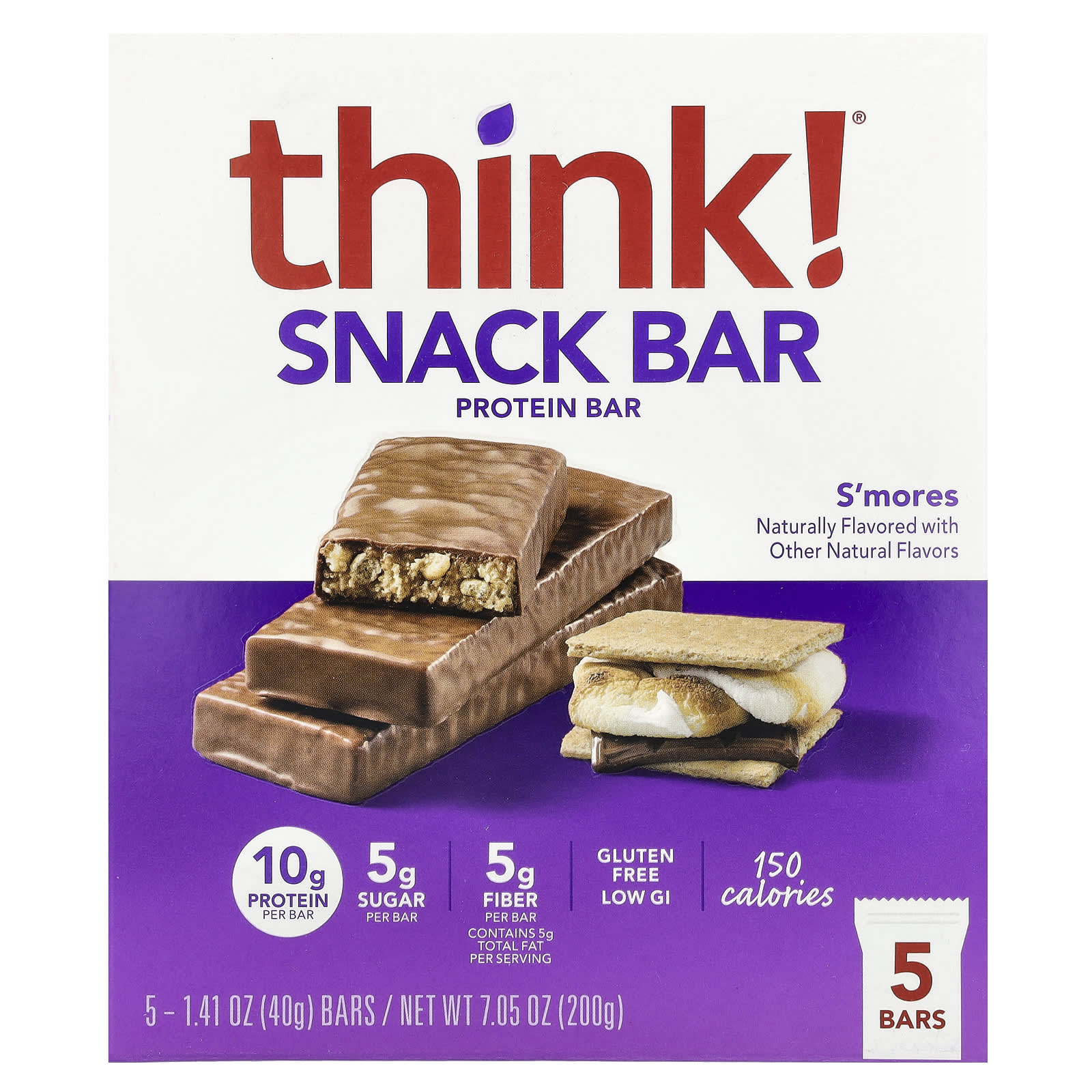 

Think!, Snack Protein Bar, S mores, 5 Bars, 40G (1.41Oz) Each