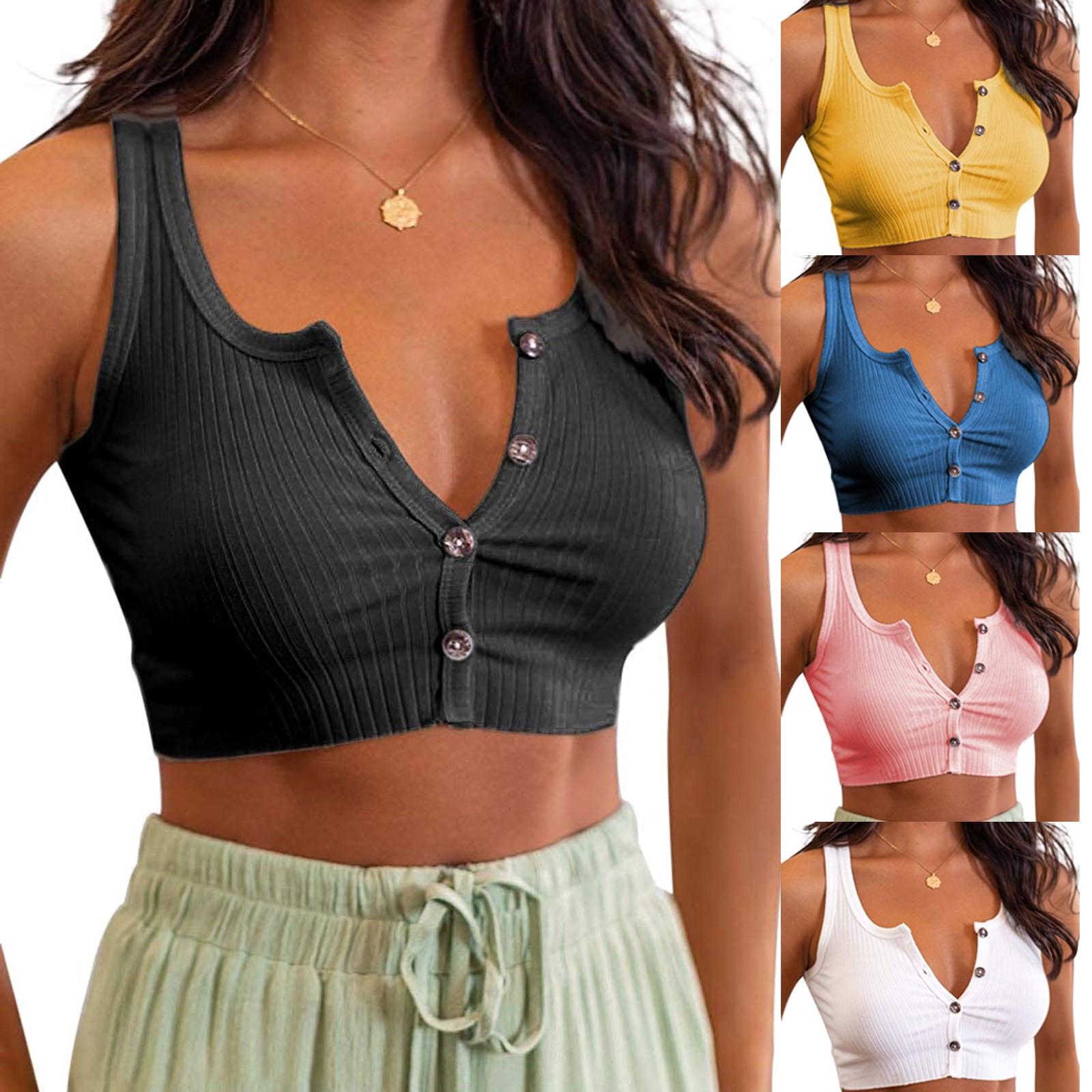 

Женские топы с V-образным вырезом, летний вязаный жилет на пуговицах спереди, тонкий топ на бретельках