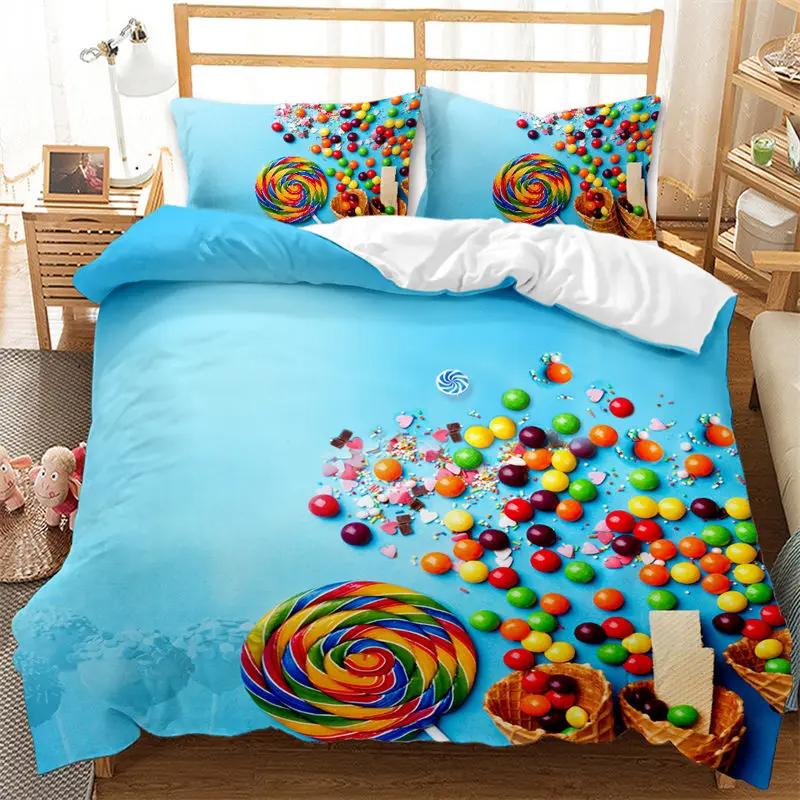 Dessert Theme Bedding Set Microfiber Ice Cream Donuts Pizza Fruits Pattern Duvet Cover Single King For Kids Adults Bedroom Decor