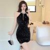 Sparking Black Mini Dresses Women Halter Sequins Patchwork Slim Vintage Elegant Party Dress Glitter Bodycon Birthday Dress