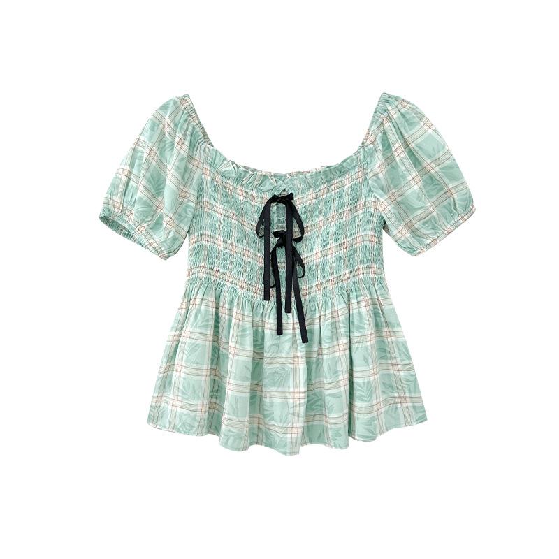 

Летний свежий сладкий топ со шнуровкой, рукавами-буфами и квадратным вырезом S1110 Small зелёный