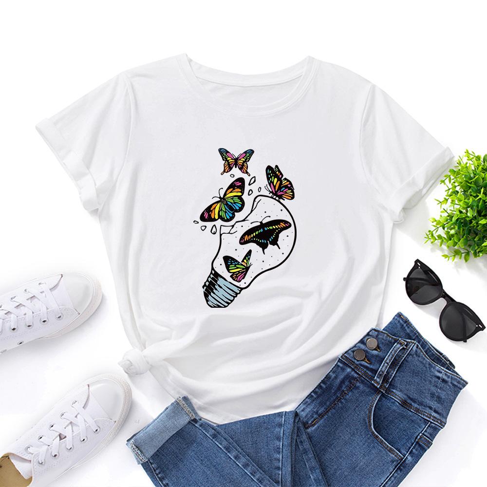 Butterfly Freedom Lamp Cotton T-Shirt Short Sleeve Round Neck Women 2d Print Tops