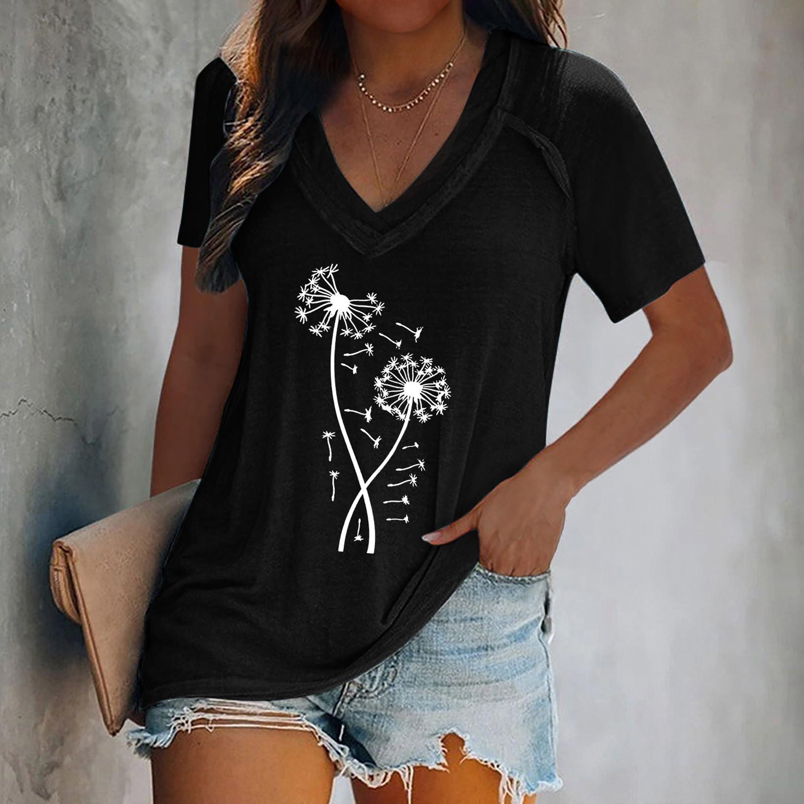 

Женские топы, нарядная летняя мода, повседневная футболка с принтом, повседневная футболка с рукавом до плеча и v-образным вырезом, тонкая струящаяся туника XL чёрный