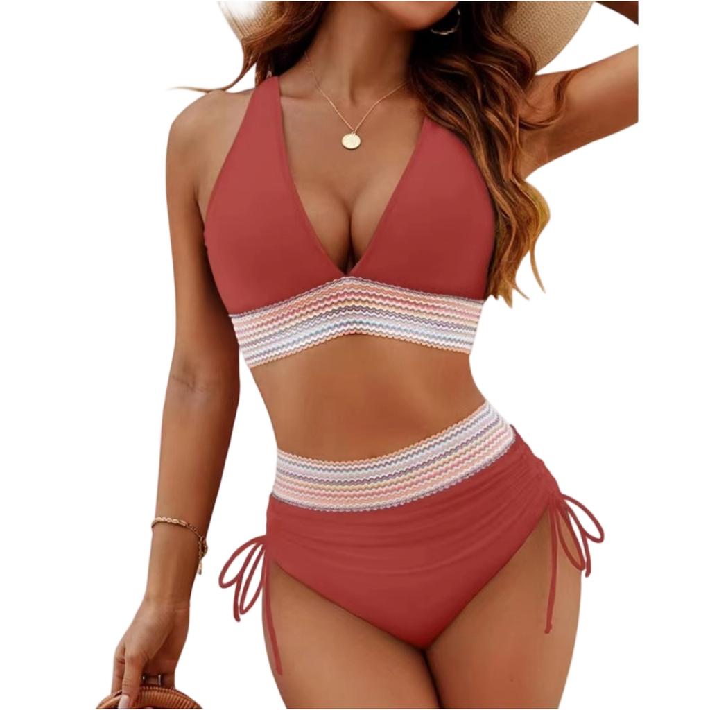 Women High Waisted Bikini Sets Tummy Control Swimsuits Color Block Two Piece Drawstring Bathing Suit Adjustable Shoulder Straps
