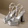 Fashion Women's Heeled Shoes Silver French Style High-heeled Sandals Shoes for Women Summer New Shallow Mouth Square Toe Sandalias Mujer