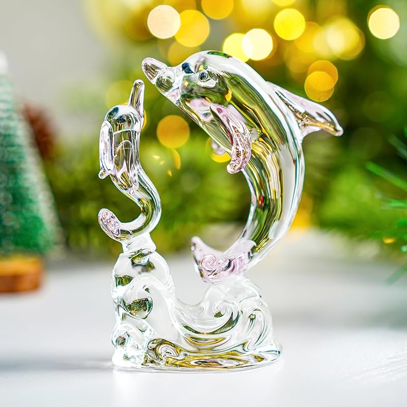 H&D HYALINE & DORA Double Crystal Glass Dolphins Figurines Collectibles, Sea Animal Sculpture Statue, Home Desk Decoration Ornaments