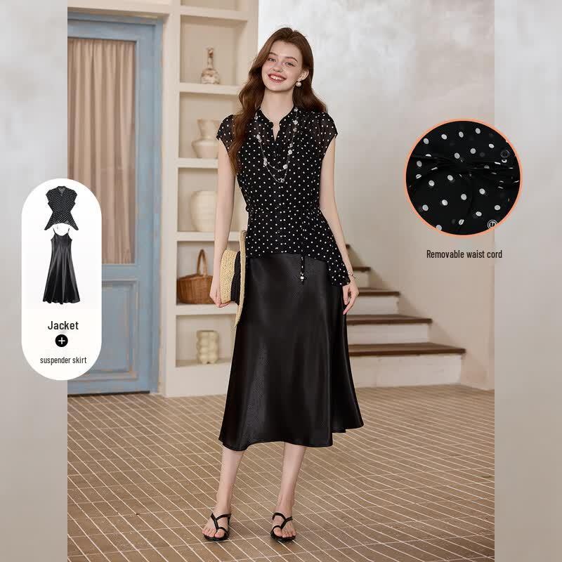 Bailu French Polka Dot Two-Piece Cardigan & Slip Dress Set