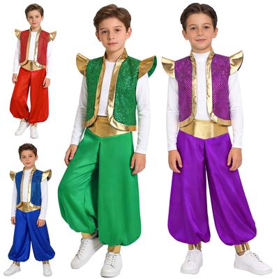 Boys Arabian Fairy Tale Vest Sequins Metallic Stand Collar Shoulder Pads High Waist Loose Pants 2 Piece Set