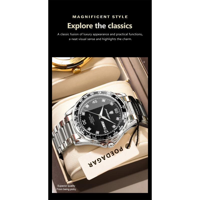 POEDAGAR Fashion Luxury Man Clock Waterproof Luminous Date Week Wristwatch Stainless Steel Quartz Business Watches for Men