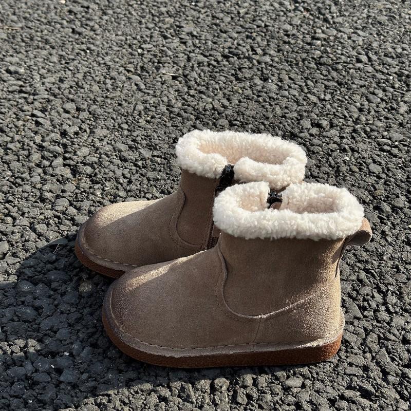 Kids Winter Snow Boots Boys Girls Genuine Leather Ankle With Faux Shearling Lining Warm Cotton Sole
