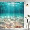 Blue Ocean Shower Curtain with Coastal Sunset Seaside Scenery, Rustic Starfish Shells and Pearls Design Bathroom Set
