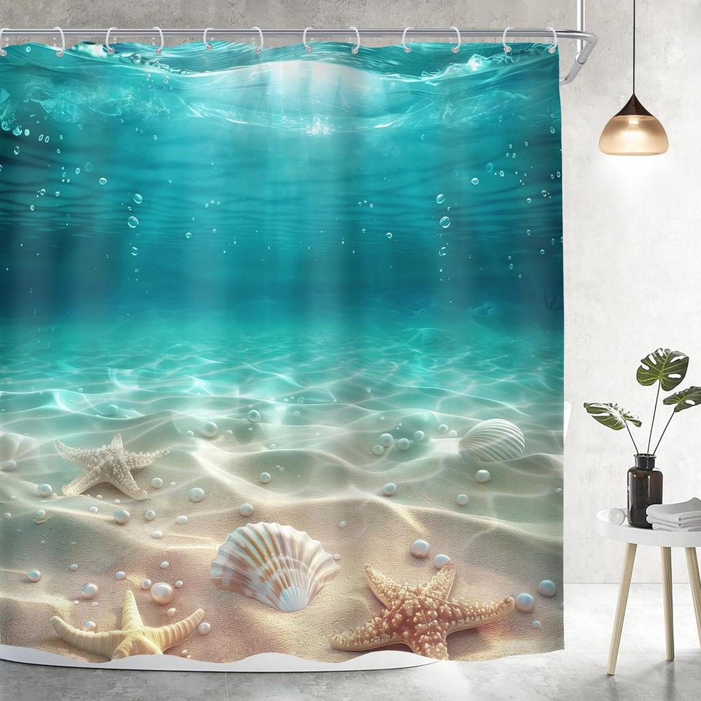 Blue Ocean Shower Curtain with Coastal Sunset Seaside Scenery, Rustic Starfish Shells and Pearls Design Bathroom Set