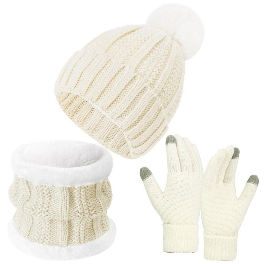 3pcs Soft Solid Color Hat Scarf Gloves Set Cute Pompom Thickened Knitted Hat with Velvet Keep Warm Beanie Hat Kids