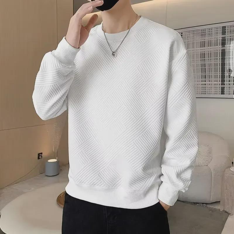 Men's Trendy White Knitted Waffle Sweatshirt - Spring/Fall Jacquard Jacket, Unisex Hong Kong Style.