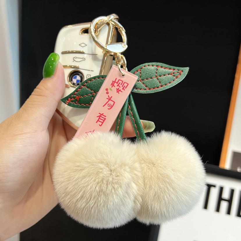 Chic Cherry Pendant: Rex Rabbit Fur Keychain with Plush Ball Charm