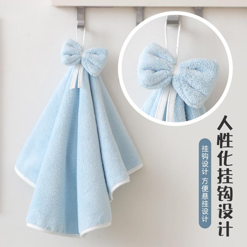 Towel does not shed hair, absorbent hand towel hanging kitchen rag bow thickened coral fleece handkerchief