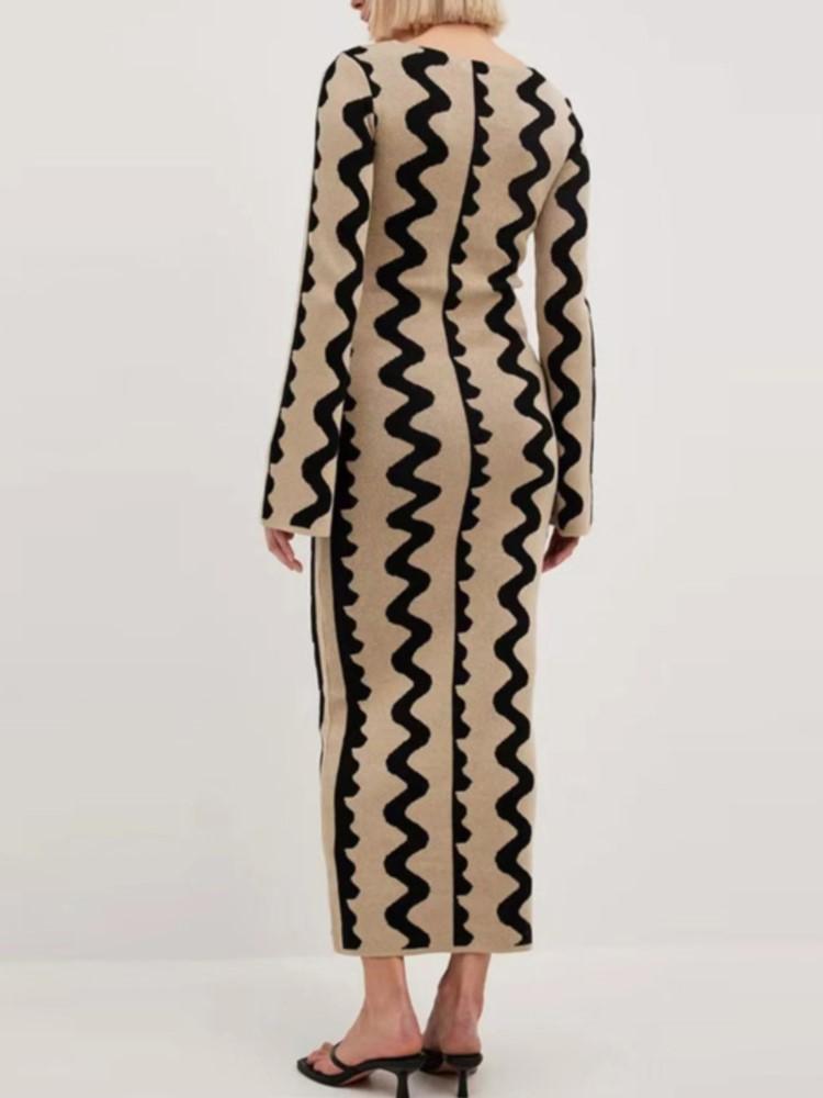 Frauen Gestreiftes Gestricktes Kleid Elegante Oansatz Flare Lange Hülse, Figurbetontes Kleid Damen Mode Streetwear Party Kleider
