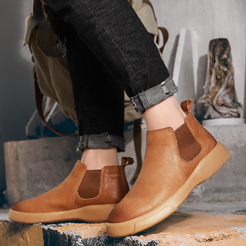 

Мужские повседневные ботинки на плоской подошве, короткие ботинки до щиколотки, удобная водонепроницаемая уличная кожаная обувь слипоны, большие размеры 47 Челси 47 коричневый