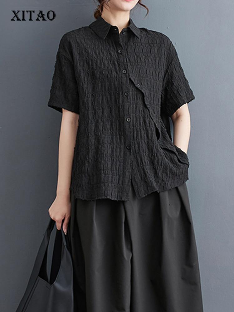 

XITAO модная женская рубашка Broadside Повседневная однотонная свободная черная рубашка DMJ1137