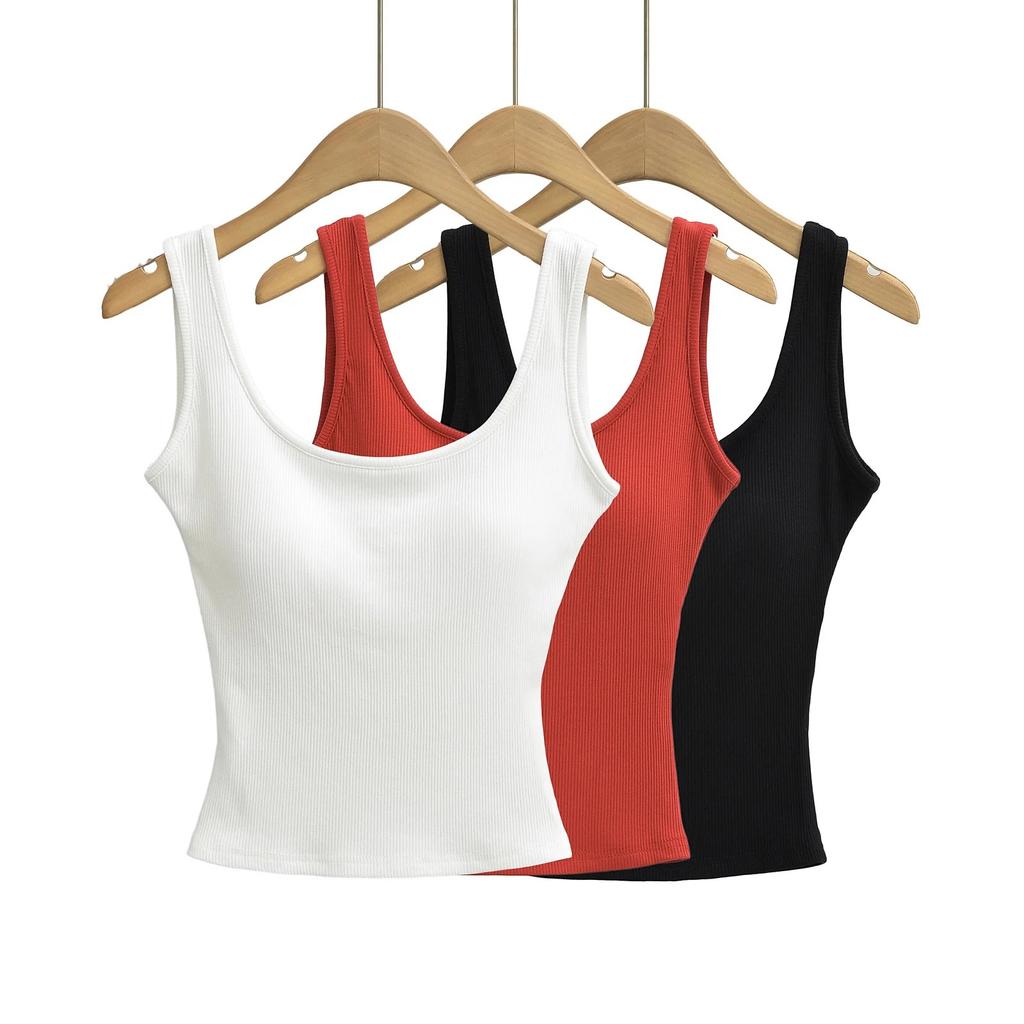 2025 Solid Color Sexy Roundneck Tank Top With Spicy Girl Style Comes With Chest Cushion, Tight Strap, Tight Top