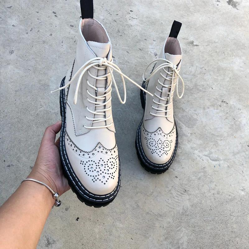 Fashion INS 2025 Women Ankle Boots Cowhide Chunky Heel Shoes Autumn Winter Ladies Shoes Lace Up Short Boots Motorcycle Woman Boots