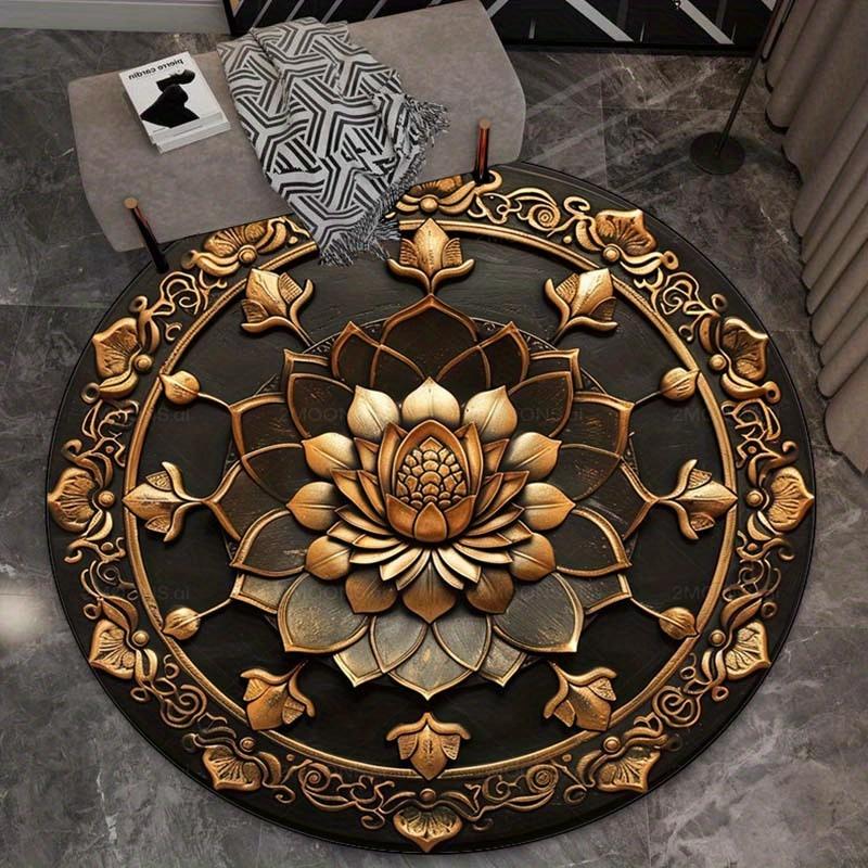 Round Crystal Velvet Rug Gold Lotus Mandala Black Background Floor Mat Oriental Boho Home Decor Luxury Zen Art Design