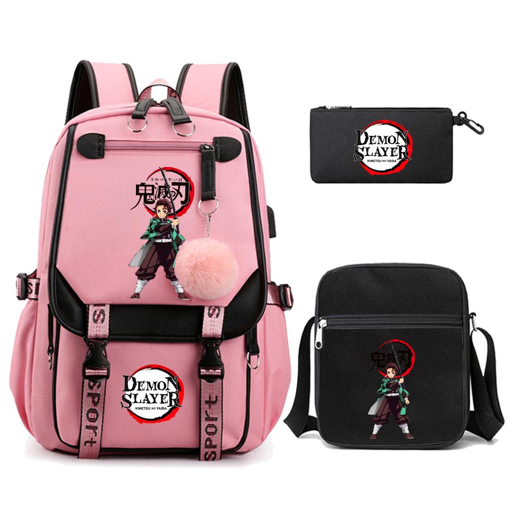 3Pcs/set Cartoon Demon Slayer Printed Backpack with Shoulder Bag for Teenager Student Girl Boy Bookbag Large Capacity Travel Bag
