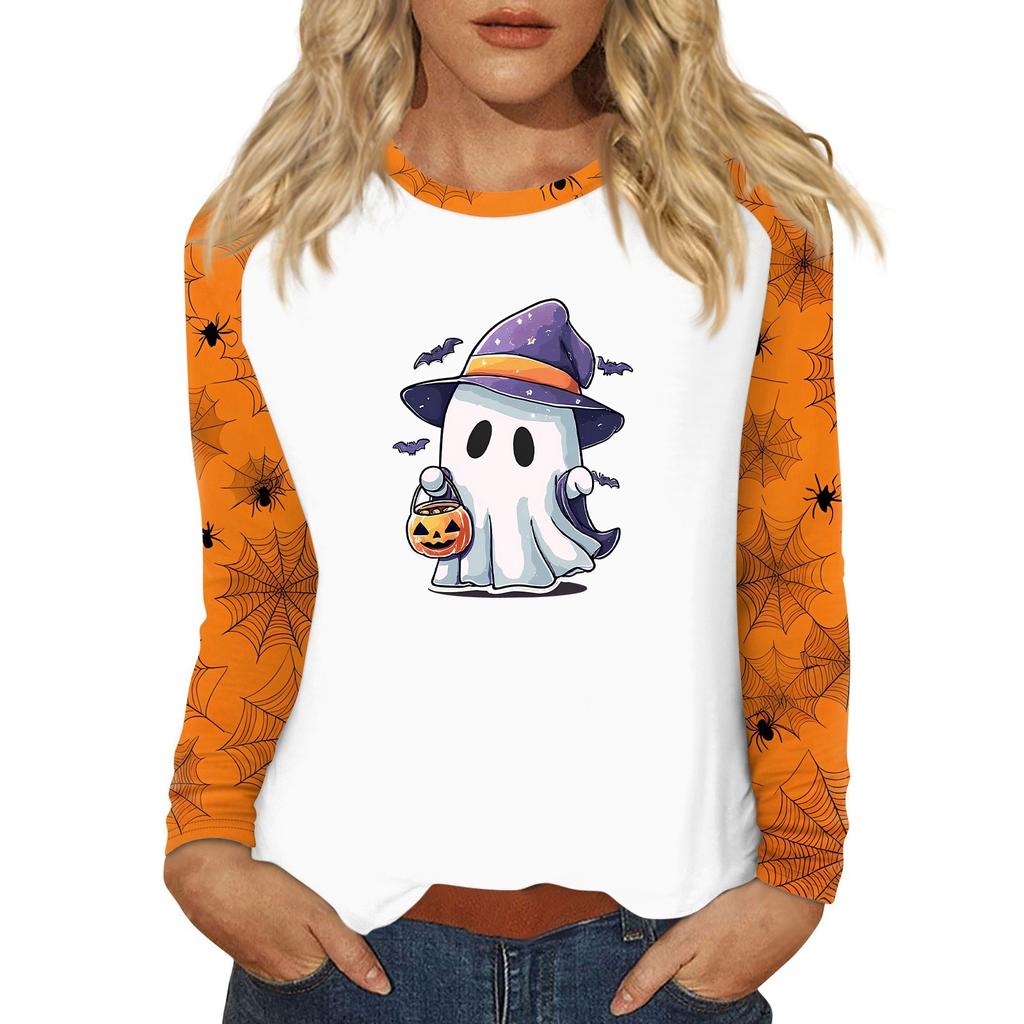 Women's T Shirt Halloween Print Long Sleeve Daily Fashion Basic Round Neck Raglan Sleeve Top