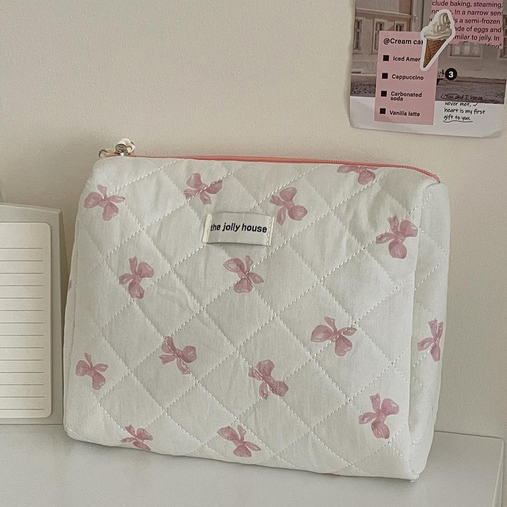Vintage Floral Satin Makeup Bag With Bow Embellishment For Daily Use And Travel Comfort