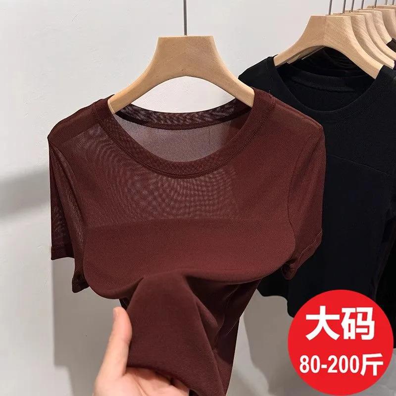 

Women s Sheer Mesh Short Sleeve T-shirt Slim Fit Crew Neck Semi-sheer Basic Tee Top S червоний