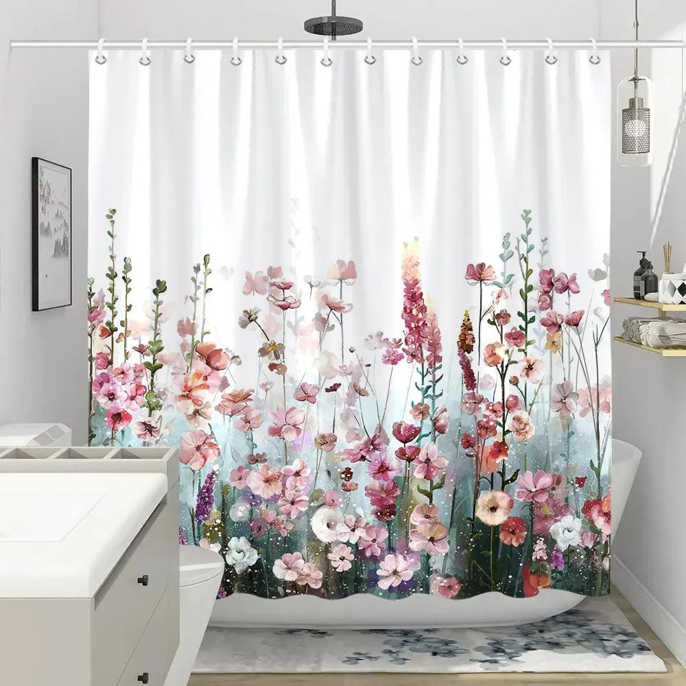 Colorful Flowers Shower Curtain for Bathroom Pink Floral Romantic Wildflower Plants Nature Scenery Decor Curtain Set with Hook
