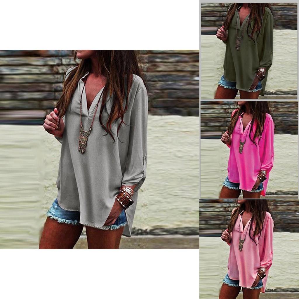 Stylish Women Vneck Short Sleeve Tshirt With Casual Irregular Hem Loose Fit Blouse