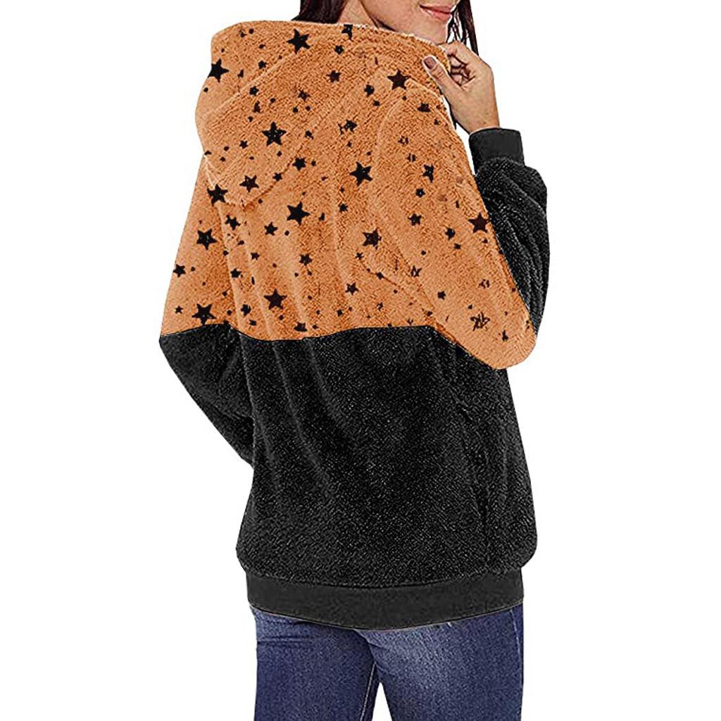 Women Plus Size Hooded Sweatshirt Star Winter Warm Zipper Pockets Coat Outwear