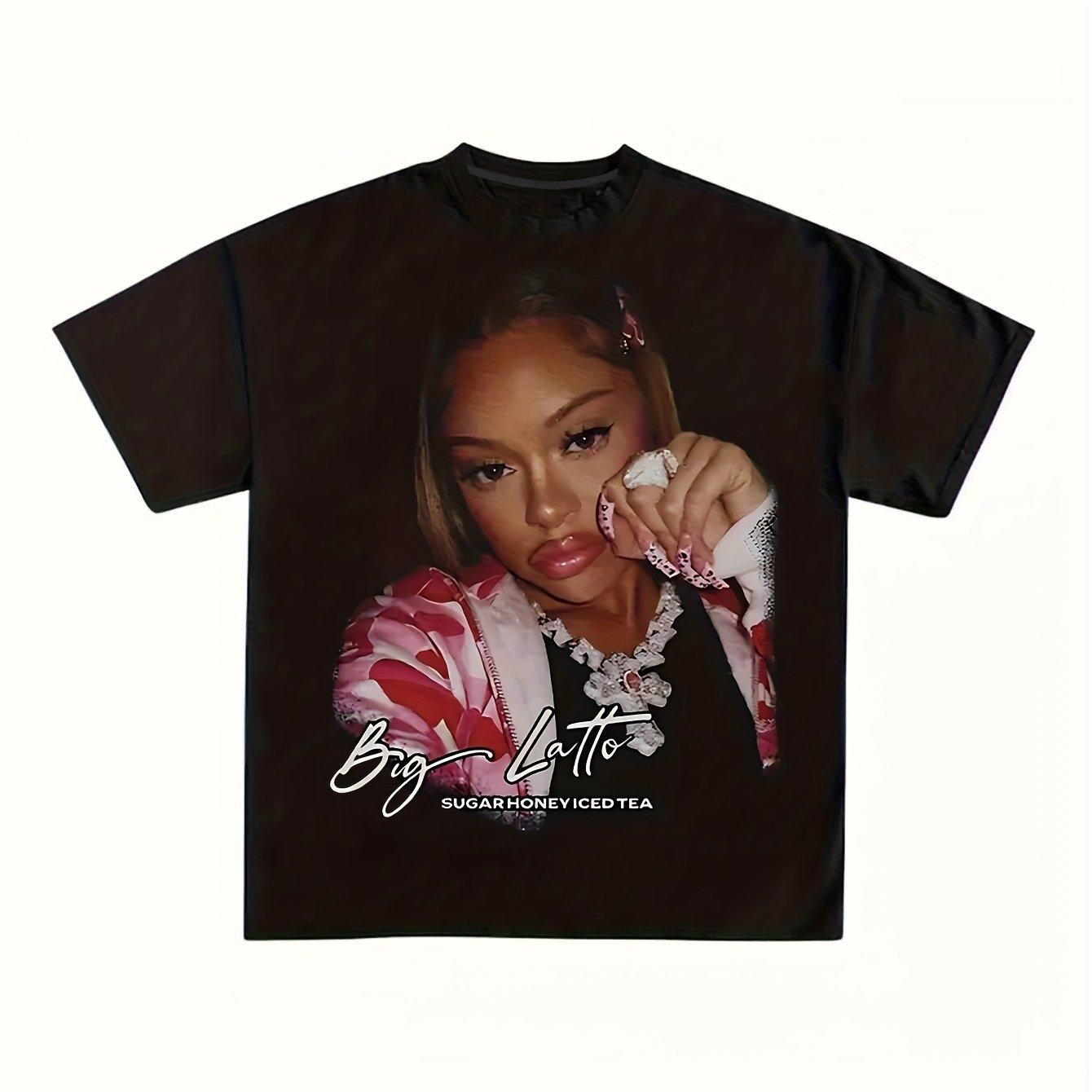 Men Women s Big Latto Graphic Print T-Shirt Black Streetwear Tee Portrait Bold Lettering, Casual Short Sleeve Top Attire S