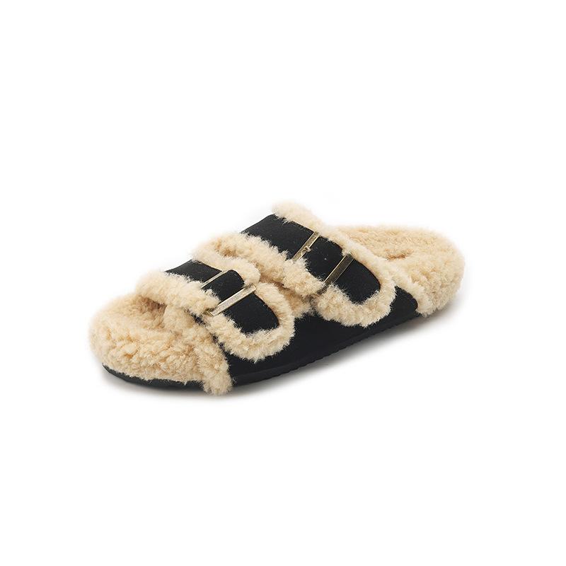 Slippers women's outer wear winter 2025 new fashion versatile belt buckle soft leather comfortable plush thick bottom fluff mop