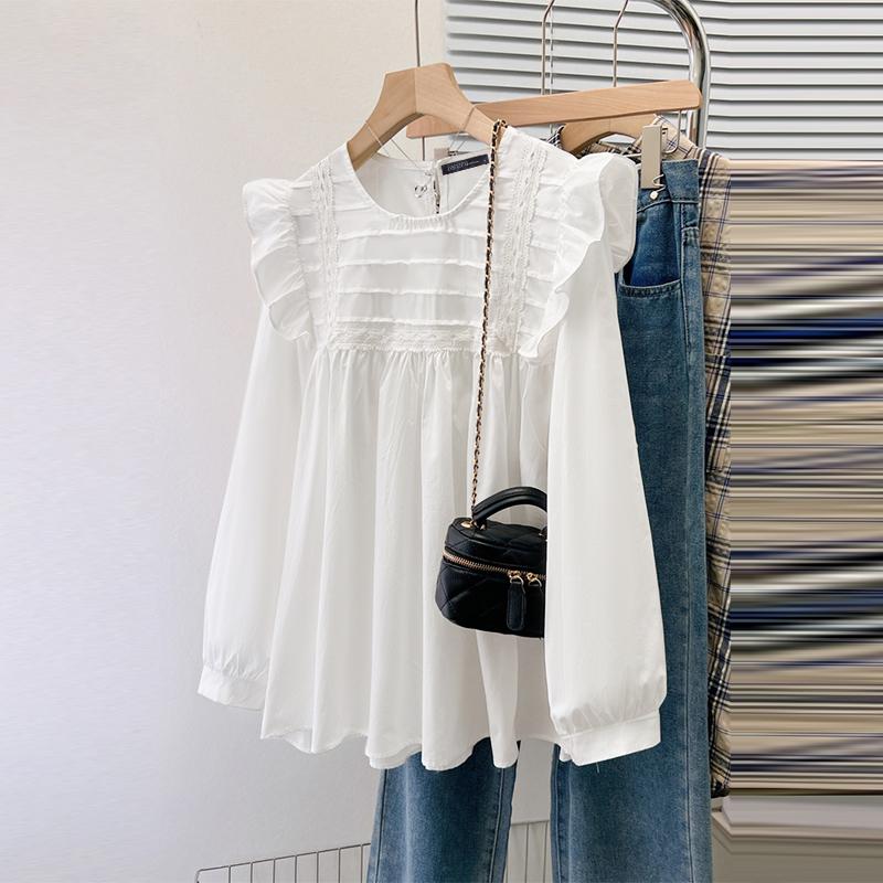 

ZANZEA Женские винтажные блузки с круглым вырезом, оборками и длинным рукавом в полоску белый