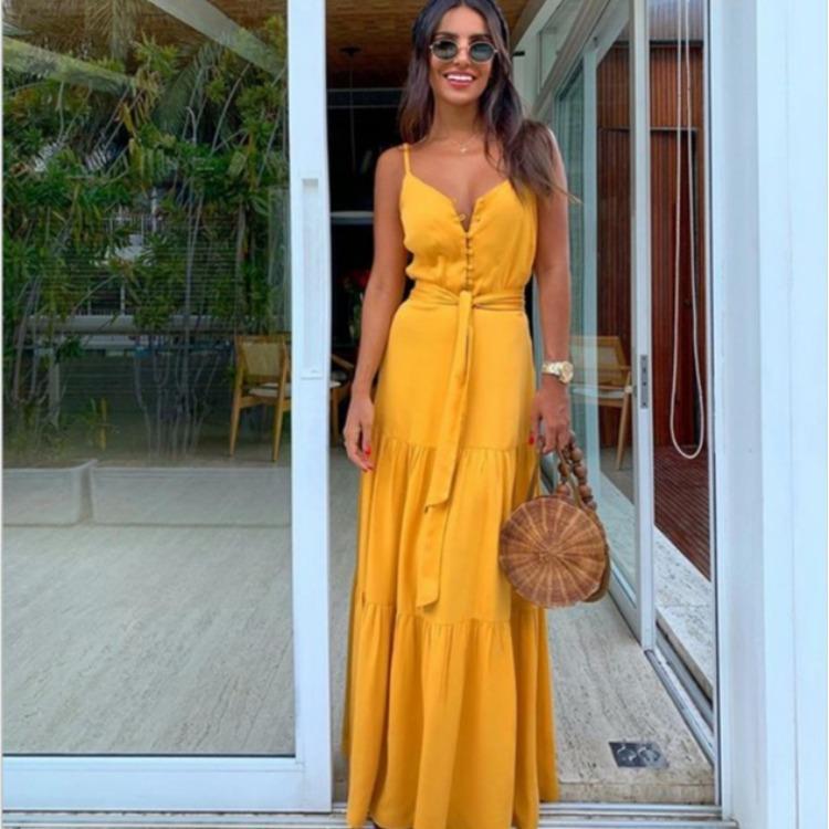 2026 Summer New European and American Women's Clothing Personalized Button V-neck Splicing Suspender Dress