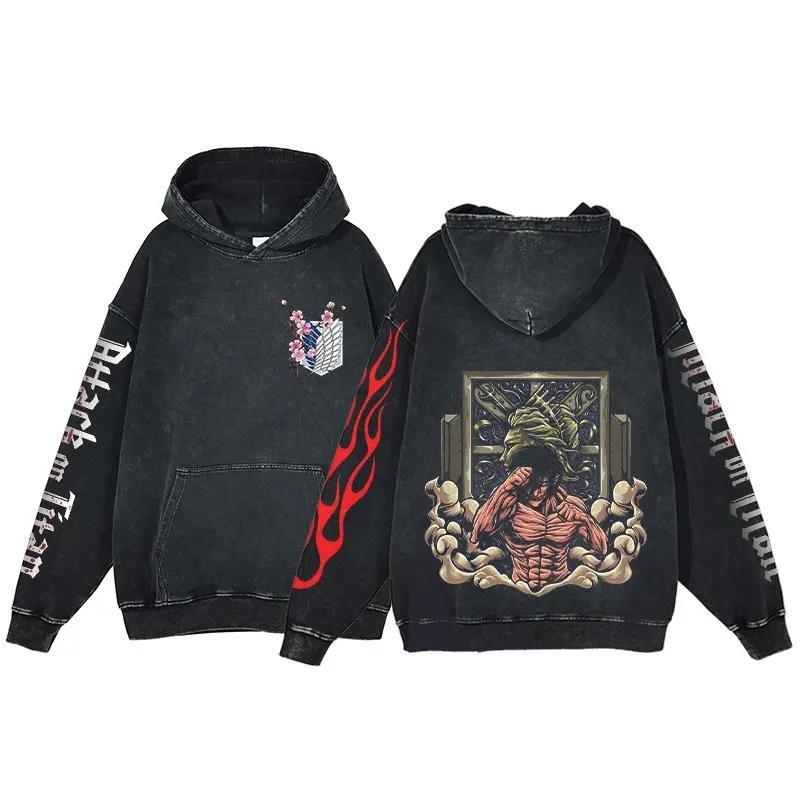 Anime Attack On Titan Eren Jaeger Print Hooded Men Manga Casual Hoodies Vintage Washed Streetwear Harajuku Cotton Sweatshirt