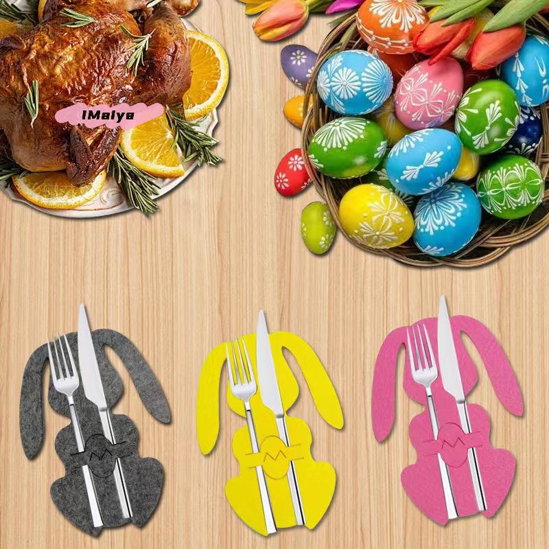 12 Stück/Set Bunte Kaninchen Oster-Thema Vlies Tischsets mit Gabeln und Messern für Tischdekoration Frohe Ostern Party