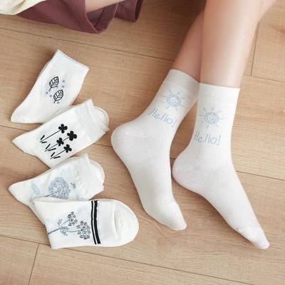 5/10 Pairs Comfortable Casual Spring Fall Socks for Women Mid Calf White Socks Cute Cartoon Student Long Socks Fresh Plant Cotton Socks