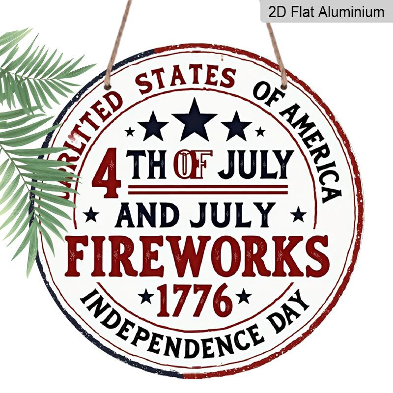 2D Flat, 1pc Round Aluminum Hanging Sign, Vintage 4th of July Metal Wall Art, USA Independence Day Fireworks Design, Perfect for Front Door, Porch