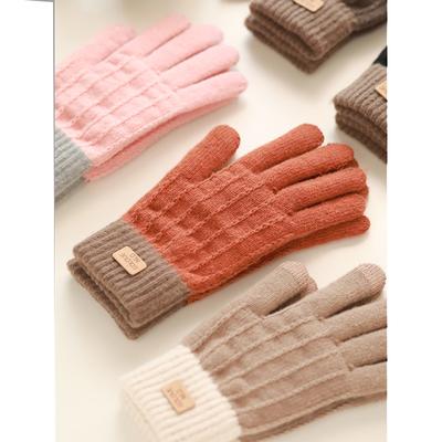 Gants Ins pour femmes automne et hiver épaissis coupe-froid et chauds étudiant tricotés cinq doigts cyclisme laine colorblock gants tactiles