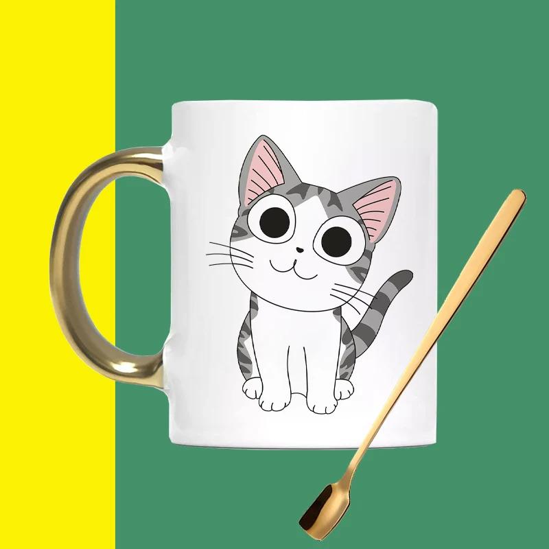 Creative cartoon Cat mug with spoon, 400ml teacup coffee ceramic mugs office cup office Drinkware couple cup gift