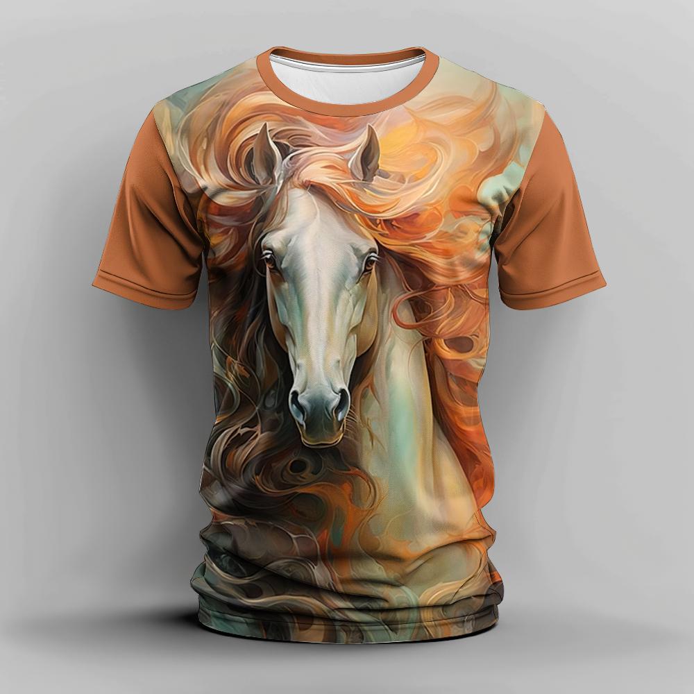 Summer Men's T Shirt 3d Horse Print Casual Crew Neck Short Sleeve Tee Oversized Clothing Animal T-Shirts Fashion Streetwear Race