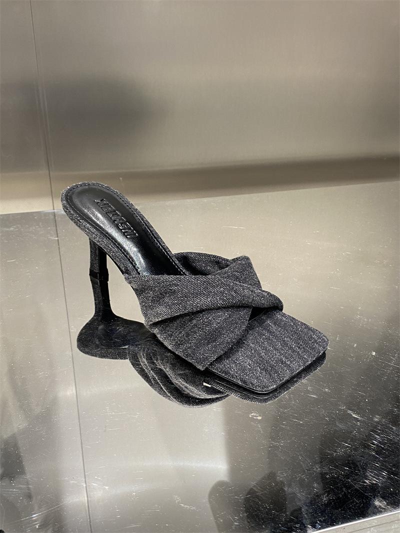 

2025 лето новые джинсовые тапочки с перекрестными ремешками квадратный носок тонкий каблук средний каблук модные женские босоножки на высоком каблуке 39 чёрный