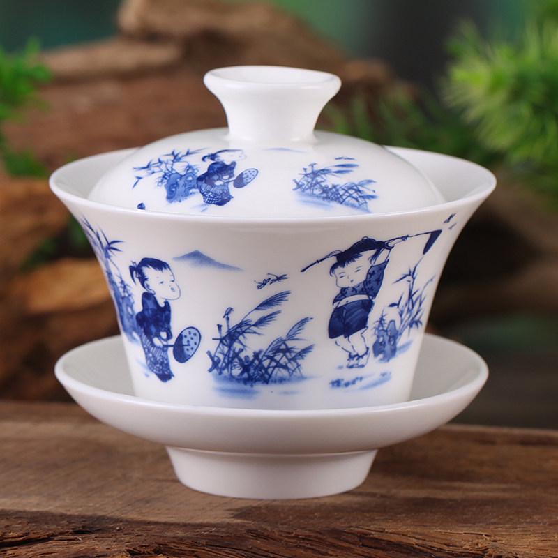 Gaiwan Teacup Set: Blue and White Ceramic with Lid, 120ml Capacity