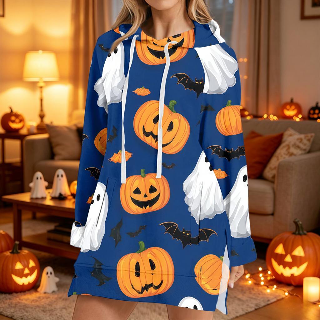 Women's Casual Long Sleeve Halloween Print Hoodie Pullover Top for Fall Festive Wear