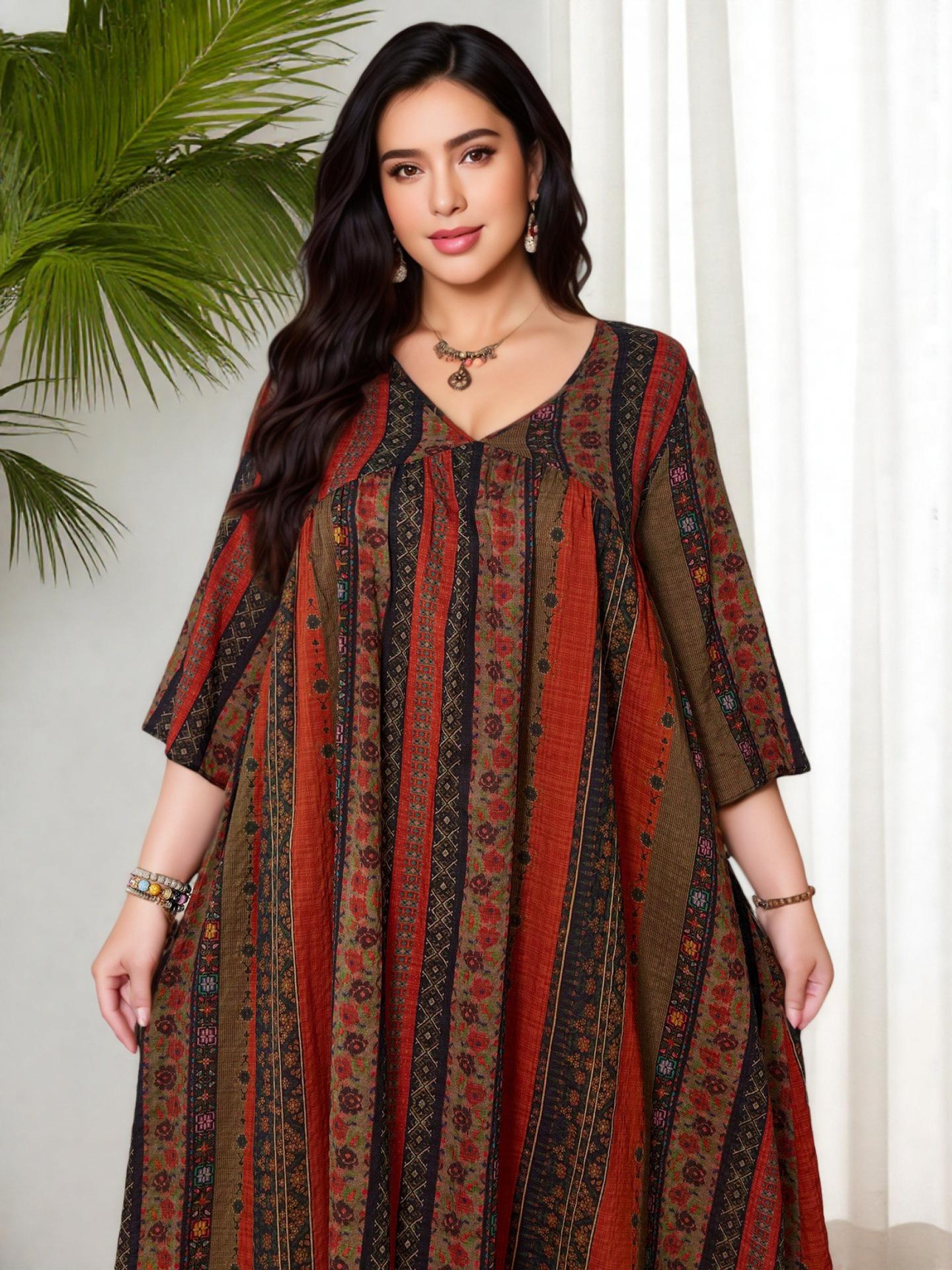 Женская этническая геометрическая длинная юбка с V-образным вырезом и рукавами три четверти 0XL красный